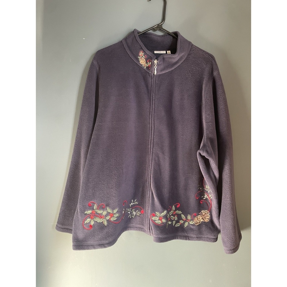 Croft & Barrow Womens 2X Purple Fleece Zip Up Jacket Holiday Embroidery